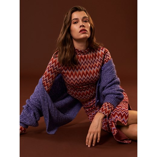 Sinsay bluzka damska czerwona z długim rękawem z okrągłym dekoltem 