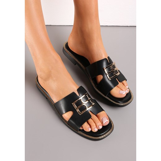 Czarne Klapki z Szerokim Paskiem z Ozdobną Klamrą Yahli Renee 40 renee.pl okazja
