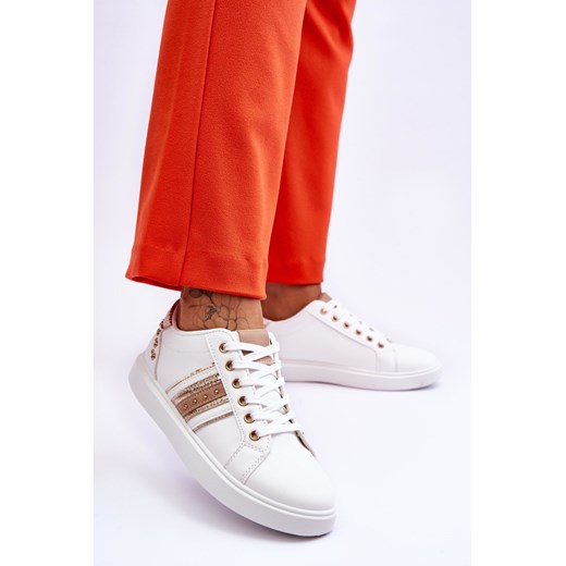 Sneakersy Damskie Skóra Ćwieki Biało-Złote Dory 37 ZAZOO
