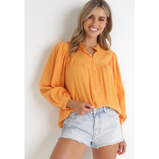 Pomarańczowa Koszula z Guzikami i Marszczeniem z Bawełny Elizat ze sklepu Born2be Odzież w kategorii Koszule damskie - zdjęcie 155937550