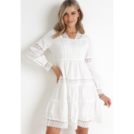 Biała Sukienka Mini z Koronkowymi Wstawkami i Rozkloszowanym Dołem Femona ze sklepu Born2be Odzież w kategorii Sukienki - zdjęcie 155937711