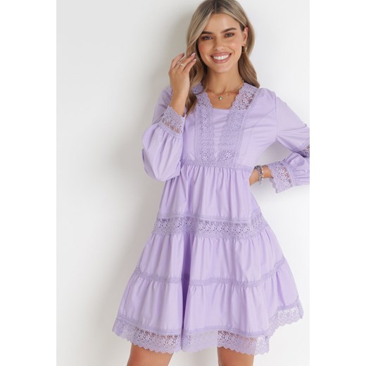 Fioletowa Sukienka Mini z Koronkowymi Wstawkami i Rozkloszowanym Dołem Femona ze sklepu Born2be Odzież w kategorii Sukienki - zdjęcie 155937721