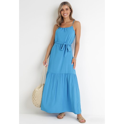 Niebieska Rozkloszowana Sukienka Maxi na Ramiączkach Awlia ze sklepu Born2be Odzież w kategorii Sukienki - zdjęcie 155937791