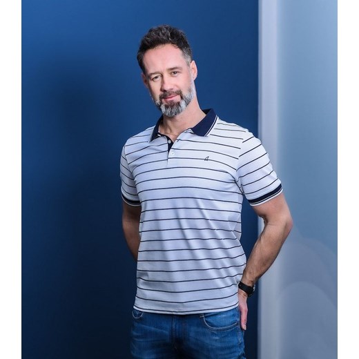 Koszulka POLO z Kołnierzykiem, Biała w Paski, Prążki Krótki Rękaw -PAKO JEANS Pako Jeans L JegoSzafa.pl