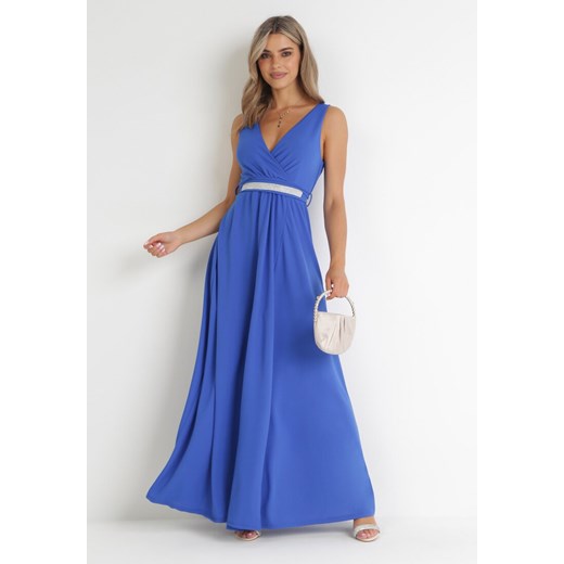 Niebieska Sukienka Rozkloszowana Maxi z Paskiem w Cyrkonie i Wycięciem Neorise ze sklepu Born2be Odzież w kategorii Sukienki - zdjęcie 155959740