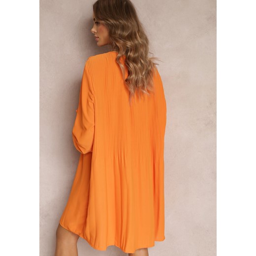 Pomarańczowa Plisowana Sukienka Mini z Rozkloszowanym Dołem i Długimi Rękawami Renee L okazja Renee odzież