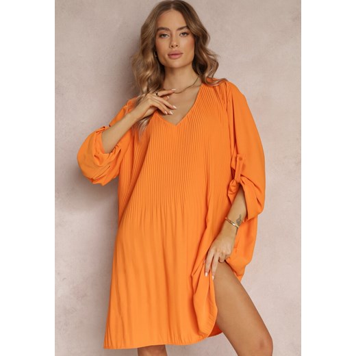 Pomarańczowa Plisowana Sukienka Mini z Rozkloszowanym Dołem i Długimi Rękawami Renee 2XL wyprzedaż Renee odzież