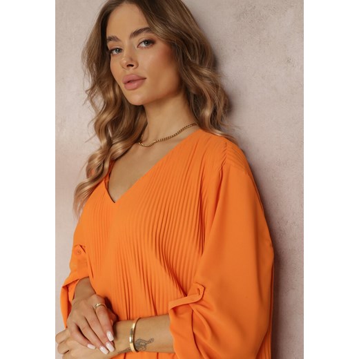 Pomarańczowa Plisowana Sukienka Mini z Rozkloszowanym Dołem i Długimi Rękawami Renee 2XL Renee odzież wyprzedaż