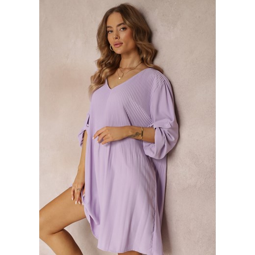 Fioletowa Plisowana Sukienka Mini z Rozkloszowanym Dołem i Długimi Rękawami Renee XL Renee odzież promocyjna cena