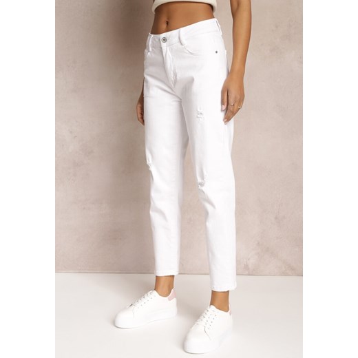 Białe Jeansy Mom Fit High Waist z Dziurami Daisylee Renee S okazja Renee odzież