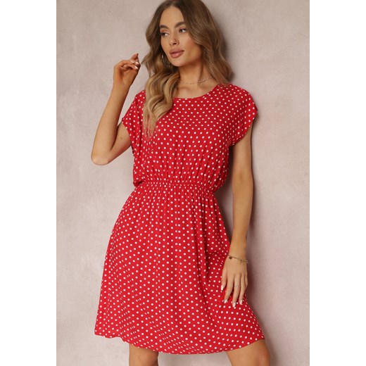 Czerwona Rozkloszowana Sukienka w Groszki z Wiskozy Saliva Renee L okazyjna cena Renee odzież