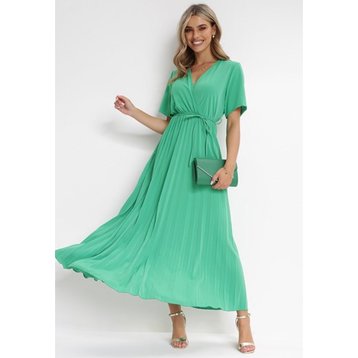 Zielona Sukienka Plisowana Maxi z Wiązanym Paskiem Dianiza ze sklepu Born2be Odzież w kategorii Sukienki - zdjęcie 156019604