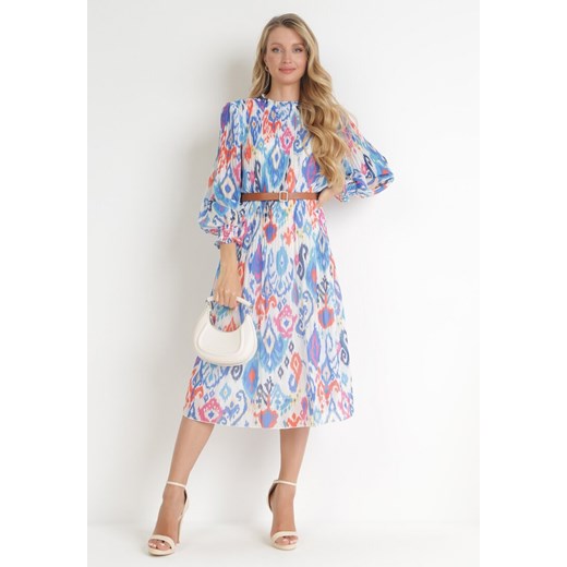 Niebieska Plisowana Sukienka Midi z Paskiem Hyacida ze sklepu Born2be Odzież w kategorii Sukienki - zdjęcie 156022851