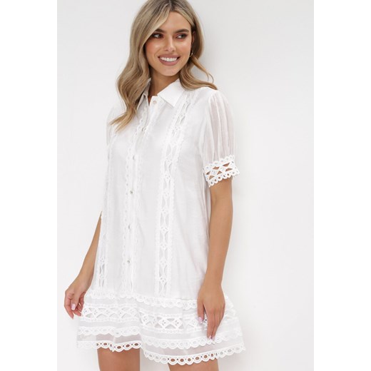 Sukienka biała Born2be z krótkim rękawem mini casual oversize koronkowa