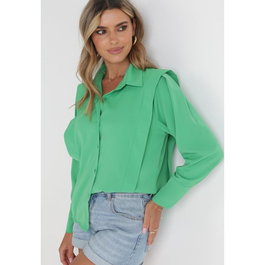 Zielona Koszula z Falbaną przy Ramionach i Kołnierzem Sarya ze sklepu Born2be Odzież w kategorii Koszule damskie - zdjęcie 156064393