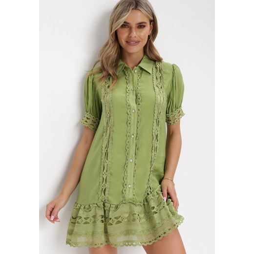 Zielona Koszulowa Sukienka Mini z Koronką i Perłowymi Guzikami Isira ze sklepu Born2be Odzież w kategorii Sukienki - zdjęcie 156085563