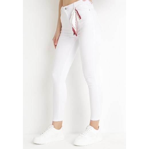 Białe Spodnie Skinny z Wysokim Stanem i Kokardką przy Pasie Diorene ze sklepu Born2be Odzież w kategorii Spodnie damskie - zdjęcie 156100174