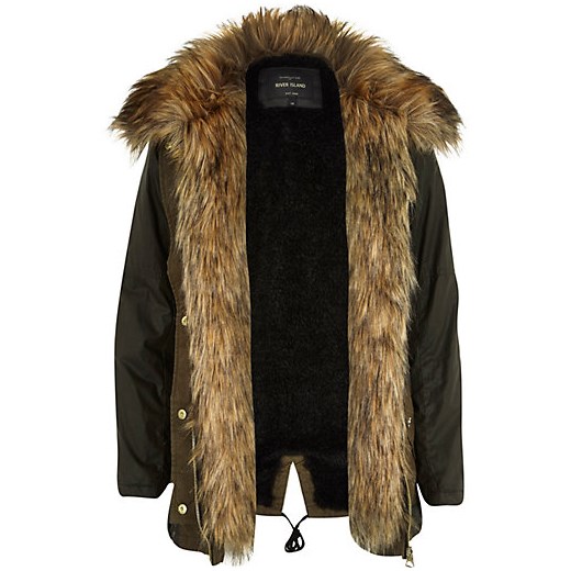 Khaki faux fur lined parka coat river-island brazowy parka