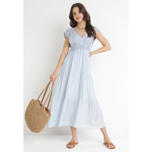 Niebieska Rozkloszowana Sukienka Maxi z Szydełkową Górą i Falbanką Wakima ze sklepu Born2be Odzież w kategorii Sukienki - zdjęcie 156182994