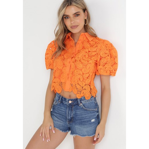 Pomarańczowa Koronkowa Koszula z Krótkim Rękawem Chentha ze sklepu Born2be Odzież w kategorii Koszule damskie - zdjęcie 156183134
