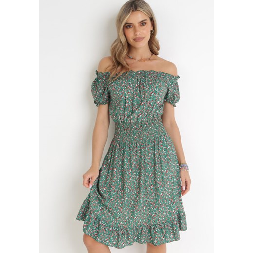 Zielona Sukienka Hiszpanka z Bawełny z Gumką w Pasie Viliana ze sklepu Born2be Odzież w kategorii Sukienki - zdjęcie 156183224