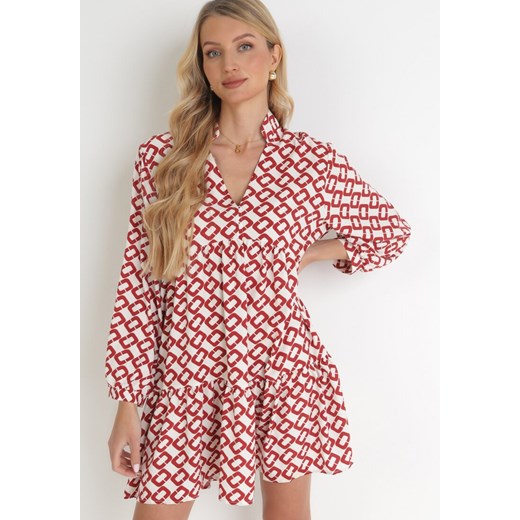 Biało-Czerwona Wzorzysta Sukienka Mini z Falbanką i Głębokim Dekoltem Neorria ze sklepu Born2be Odzież w kategorii Sukienki - zdjęcie 156204561