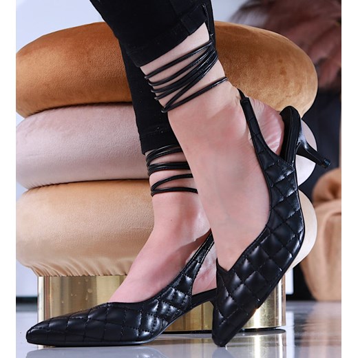 Pikowane czarne buty wiązane na szpilce /G7-2 12204 T197/ ze sklepu Pantofelek24.pl w kategorii Czółenka - zdjęcie 156251833