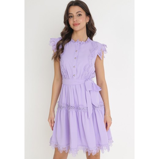 Fioletowa Rozkloszowana Sukienka Mini z Koronką i Wiązanym Paskiem Wikeen ze sklepu Born2be Odzież w kategorii Sukienki - zdjęcie 156252234