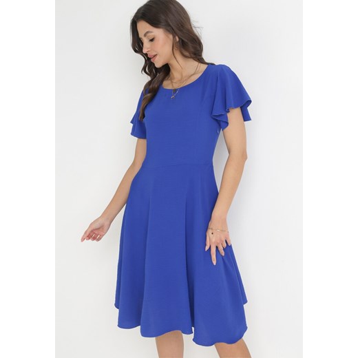 Granatowa Rozkloszowana Sukienka z Krótkim Rękawem i Okrągłym Dekoltem Mazima S Born2be Odzież