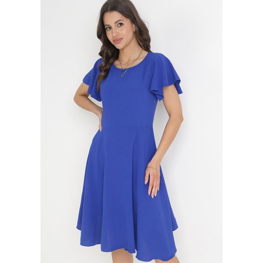 Granatowa Rozkloszowana Sukienka z Krótkim Rękawem i Okrągłym Dekoltem Mazima M Born2be Odzież