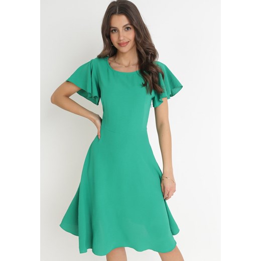 Zielona Rozkloszowana Sukienka z Krótkim Rękawem i Okrągłym Dekoltem Mazima ze sklepu Born2be Odzież w kategorii Sukienki - zdjęcie 156273072