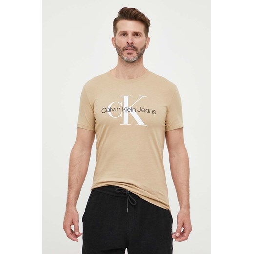 Calvin Klein Jeans t-shirt bawełniany kolor beżowy z nadrukiem XL ANSWEAR.com