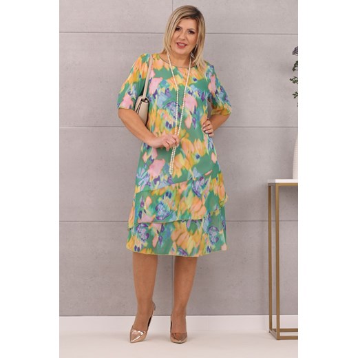 Zwiewna sukienka z falbankami wzory zielona - 48 Femimoda 46 femimoda.pl