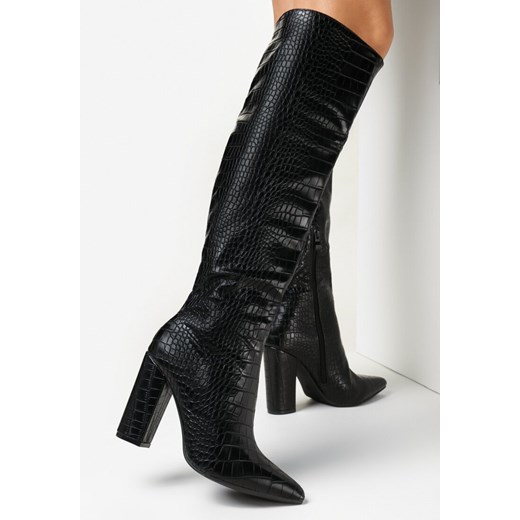 Czarne kozaki damskie Born2be eleganckie ze skóry z cholewką przed kolano na obcasie