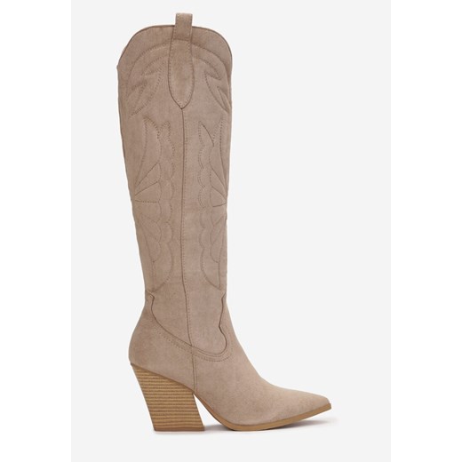 Ciemnobeżowe Kozaki Kowbojki z Haftem na Stożkowym Obcasie Hyman 38 born2be.pl promocyjna cena