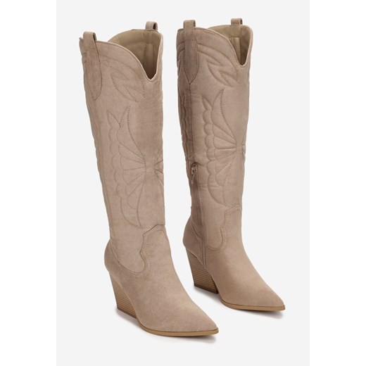 Ciemnobeżowe Kozaki Kowbojki z Haftem na Stożkowym Obcasie Hyman 36 wyprzedaż born2be.pl