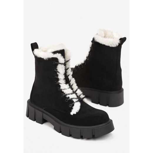 Czarne Sznurowane Botki Workery z Ozdobnym Futerkiem Resie 38 promocja born2be.pl