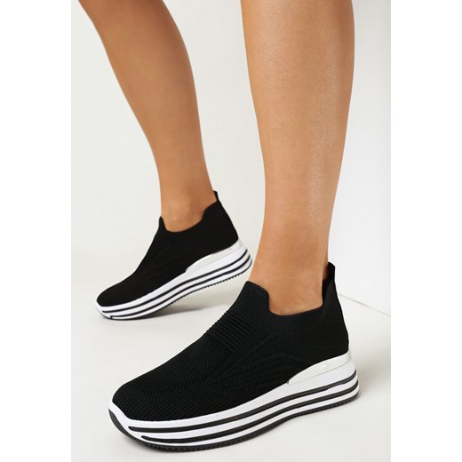 Czarne buty sportowe damskie Born2be sneakersy bez zapięcia na wiosnę na platformie 