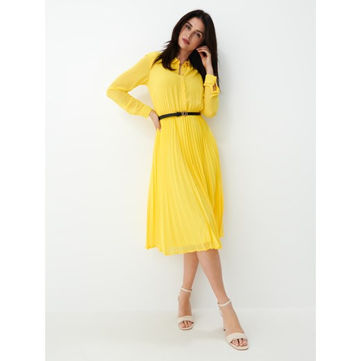 Sukienka Mohito z długim rękawem żółta szmizjerka midi casual 