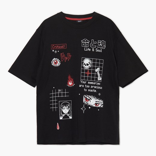 Cropp - Czarny T-shirt z nadrukami w stylu anime - Czarny Cropp L Cropp