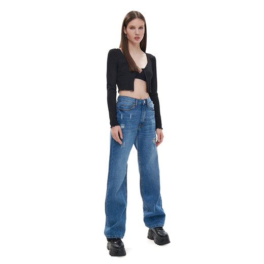 Cropp - Ciemnoniebieskie jeansy straight z postrzępieniami - Niebieski Cropp 34 promocyjna cena Cropp