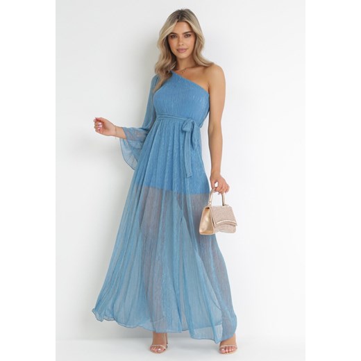 Niebieska Asymetryczna Sukienka Maxi na Jedno Ramię Wiązana w Pasie Lilini ze sklepu Born2be Odzież w kategorii Sukienki - zdjęcie 156880463