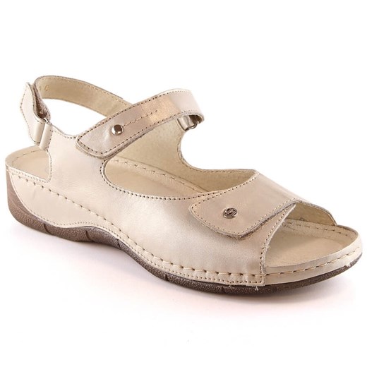 Skórzane komfortowe sandały damskie na rzepy złote Helios 266-2 złoty ze sklepu ButyModne.pl w kategorii Sandały damskie - zdjęcie 156907510