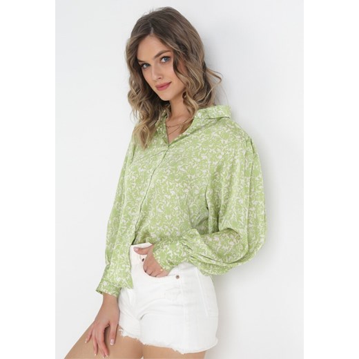 Zielona Koszula w Drobne Kwiatki z Bufiastymi Rękawami Serafine ze sklepu Born2be Odzież w kategorii Koszule damskie - zdjęcie 157025022