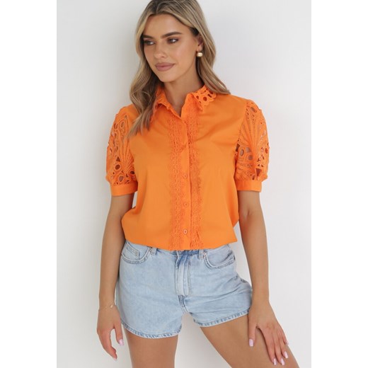 Pomarańczowa Koszula z Koronkowymi Rękawami i Kołnierzem Mavisa ze sklepu Born2be Odzież w kategorii Koszule damskie - zdjęcie 157025302
