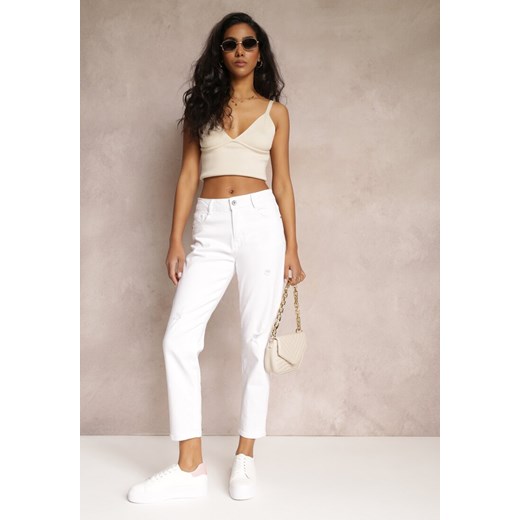 Białe Jeansy Mom Fit High Waist z Dziurami Daisylee Renee L okazyjna cena Renee odzież