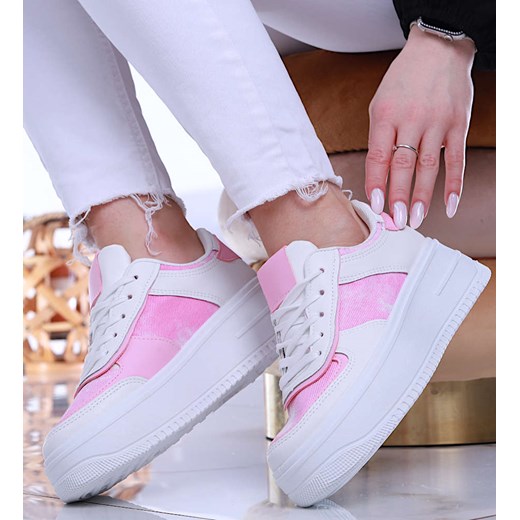 Wiązane sportowe buty damskie biało różówe /A2-2 13921 T392/ ze sklepu Pantofelek24.pl w kategorii Buty sportowe damskie - zdjęcie 157052551