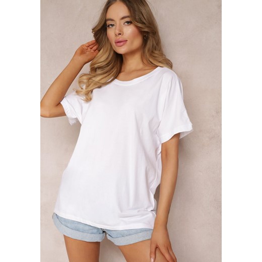 Biały Bawełniany T-shirt Oversize z Krótkim Rękawem i Dłuższym Tyłem Zanimara ze sklepu Renee odzież w kategorii Bluzki damskie - zdjęcie 157055832