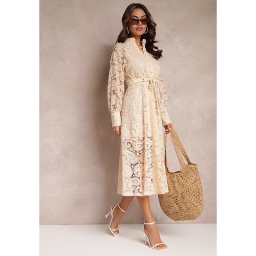 Sukienka Renee z długimi rękawami beżowa na wesele w stylu boho midi