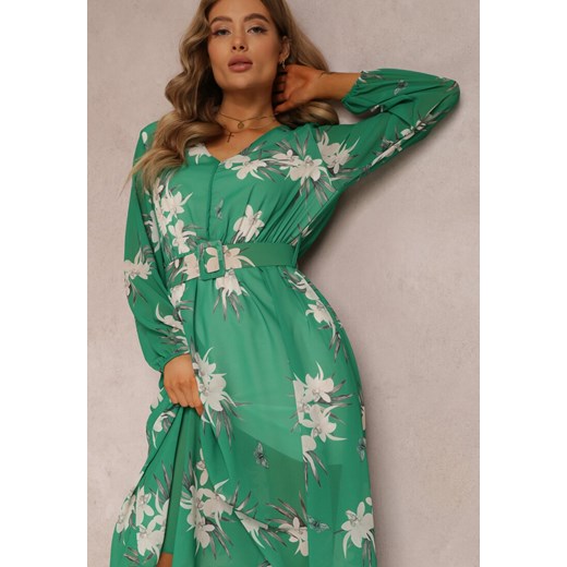 Sukienka Renee z tkaniny zielona prosta midi elegancka z długim rękawem